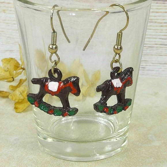 Vintage Rocking Horse Earrings Jewelry Black Steed Toy Red Saddle Dangle Earring - Picture 4 of 8